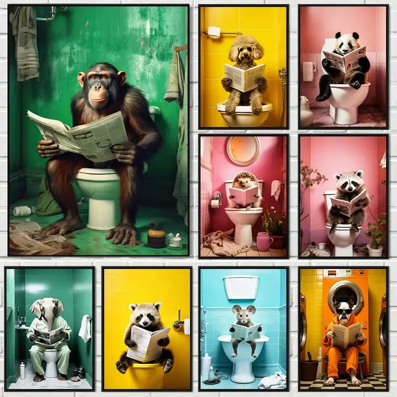 Set of nine framed humorous animal posters featuring monkeys dogs pandas raccoons and mice for home decor