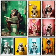 Set of nine framed DecorBites™ animal posters featuring humorous bathroom decor with animals reading newspapers
