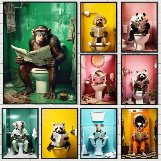 Set of nine framed DecorBites™ animal posters featuring humorous bathroom decor with animals reading newspapers