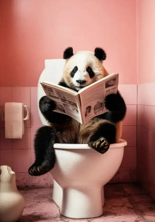A plush black and white panda toy holding a newspaper on a white toilet in the DecorBites™ animal posters set for home decor
