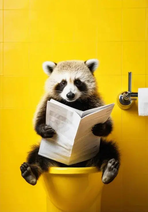 A raccoon with black and brown fur sits in a yellow toilet bowl holding a newspaper in decorbites™ animal posters set for home decor