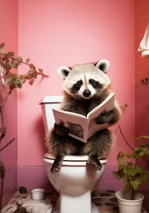 A raccoon with black facial markings sits on a white toilet holding a magazine in this animal posters set for home decor
