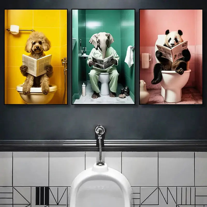 Three framed animal posters set featuring a poodle elephant and panda reading newspapers in bathroom home decor