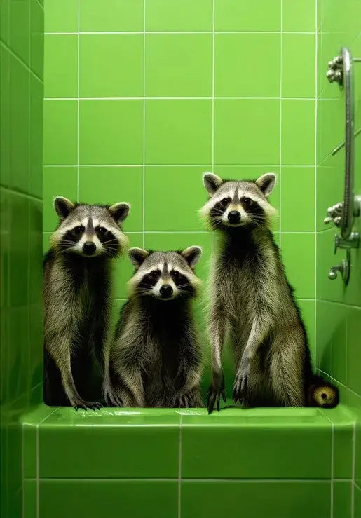 Decorbites™ animal posters set featuring three raccoons with black masks on grayish fur in a green tiled shower for home decor