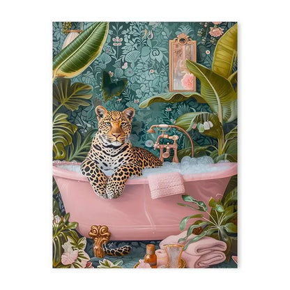 DecorBites™ animal print canvas painting featuring a leopard with golden eyes in a pink tub for living room decor