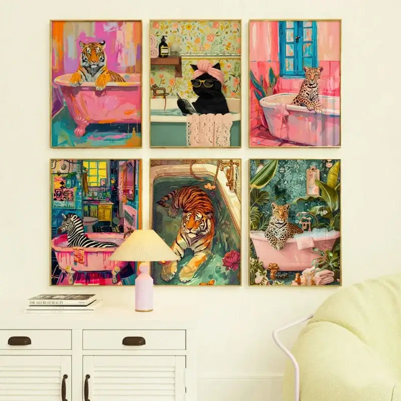 Set of six vibrant DecorBites animal print canvas wall art featuring black cat, tiger, and zebra in bold colors