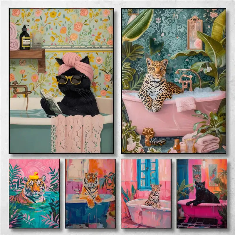 Set of six vibrant animal print canvas wall art featuring black cat and leopard designs with floral bathtub backgrounds