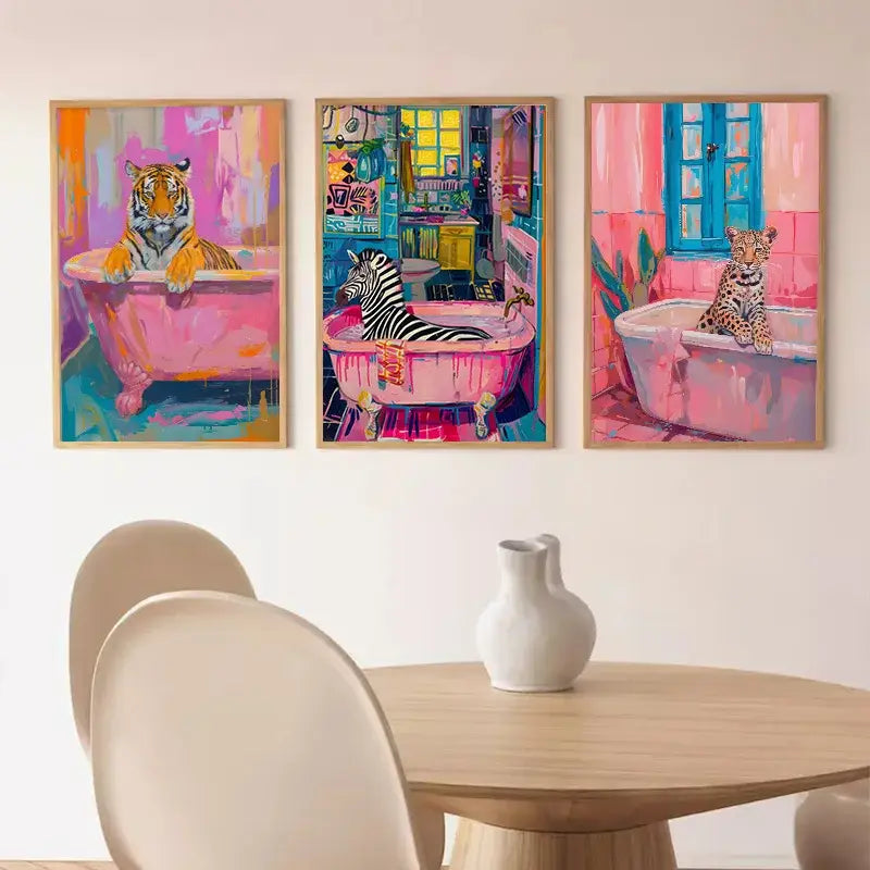 Set of three vibrant DecorBites animal print canvas artworks featuring a black cat tiger and zebra in pink bathtubs