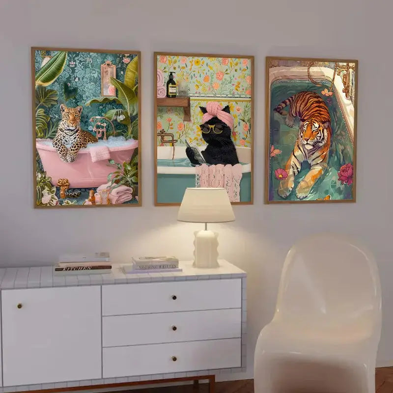 Three framed animal print canvas artworks featuring black cat bath scenes with vibrant floral backgrounds by DecorBites™