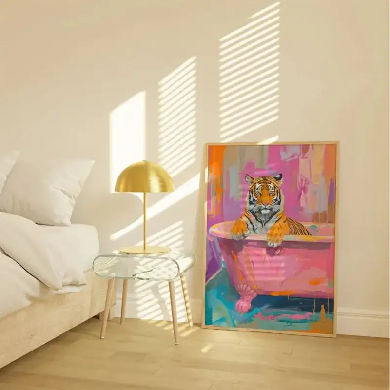 Vibrant animal print canvas wall art featuring a tiger in a pink bathtub framed in light wood by decorbites™ with black cat design