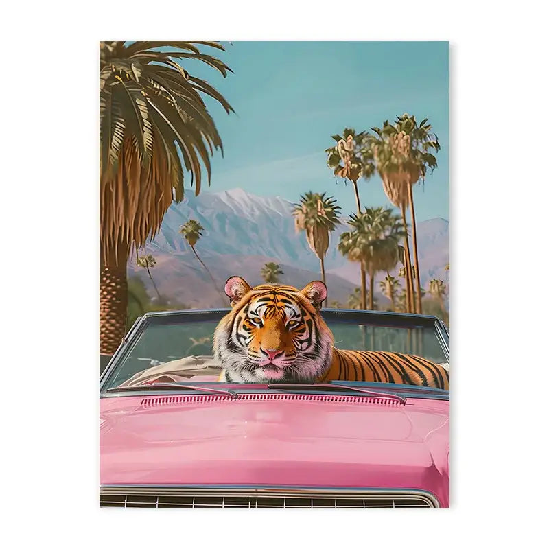 Decorbites™ animal print canvas wall art featuring a vibrant pink convertible with tiger and black cat elements against palm trees