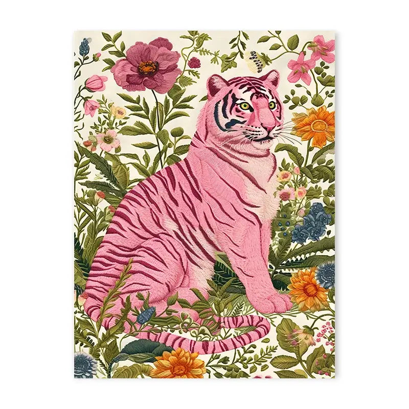 A vibrant pink tiger with black stripes on an animal print canvas wall art from decorbites featuring floral design