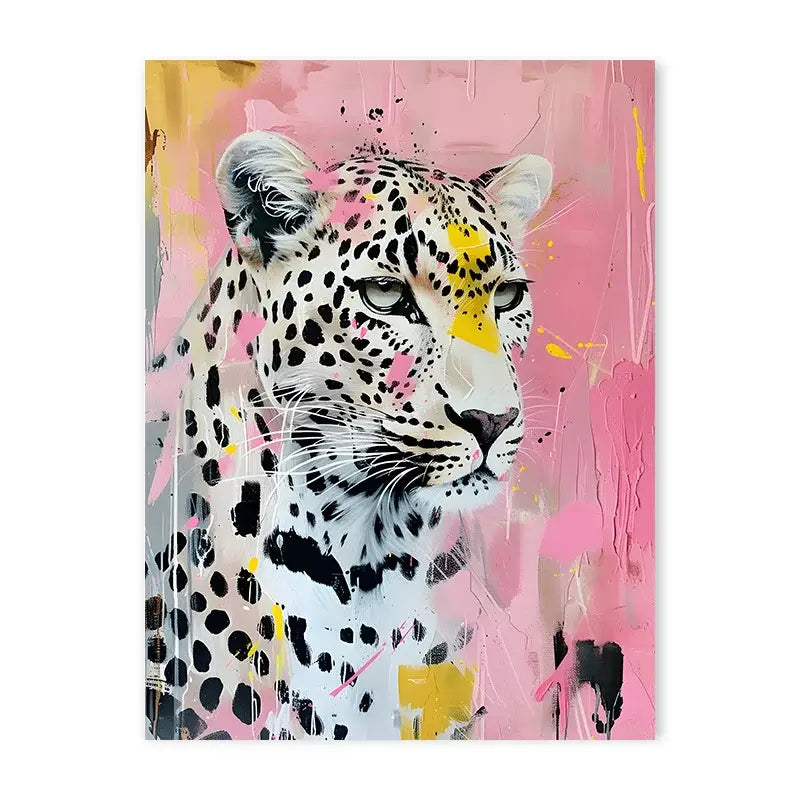 Decorbites™ animal print canvas wall art featuring a vibrant black cat leopard design with pink and yellow accents on white fur