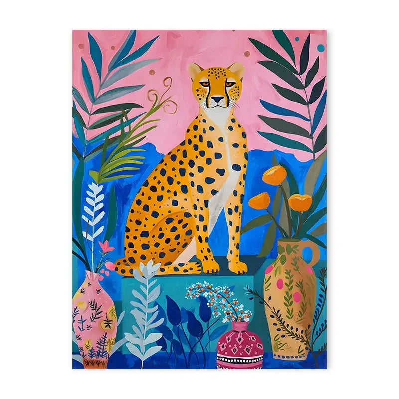 A vibrant animal print canvas wall art featuring a golden-yellow cheetah with black spots and lush foliage by decorbites
