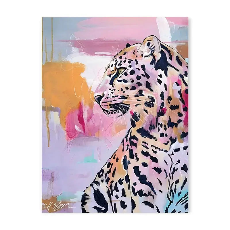 DecorBites™ animal print canvas wall art featuring a vibrant leopard with bold black spots on a pink background