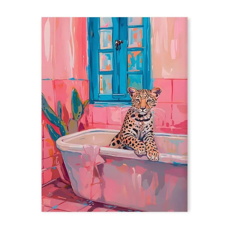A vibrant animal print canvas wall art by decorbites featuring a young leopard with golden eyes beside a blue window