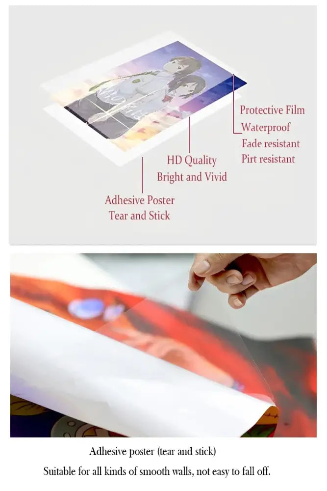 Adhesive poster with vibrant anime artwork and protective film for waterproof durability in DecorBites animal print rainbow movie posters