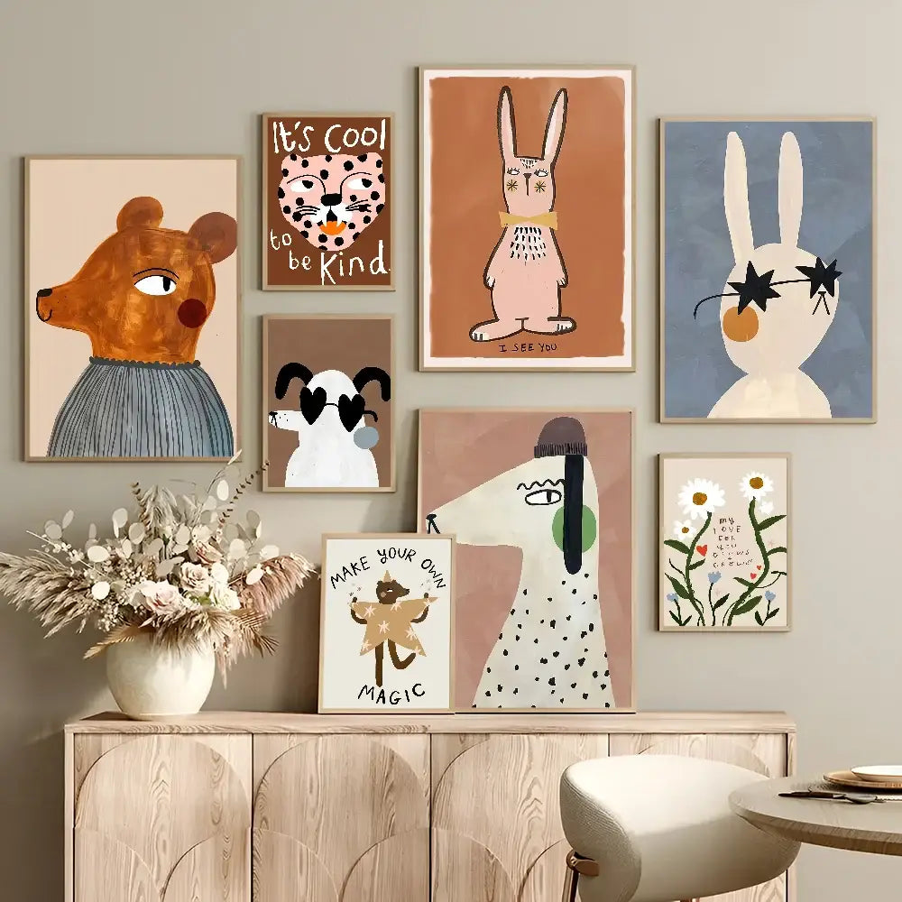 A collection of DecorBites™ animal print rainbow movie posters featuring whimsical pastel animal illustrations for wall decor