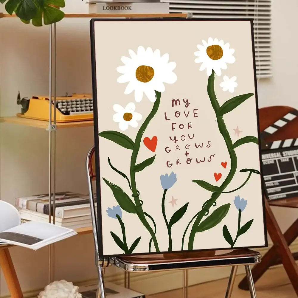 A framed canvas print of whimsical white daisies with blue flowers and red hearts for decorbites animal print rainbow posters