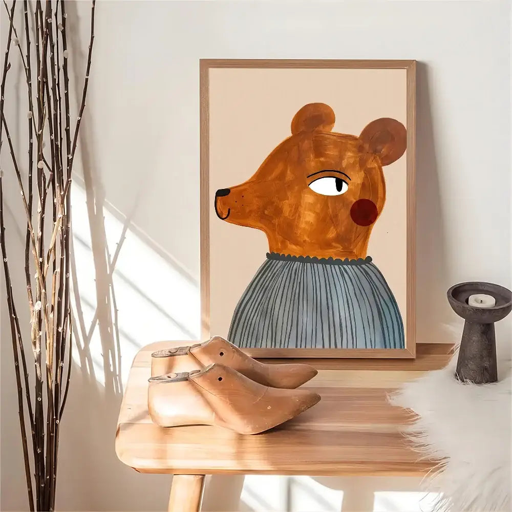A framed illustration of a brown bear in a blue striped dress in decorbites animal print rainbow movie posters for wall decor