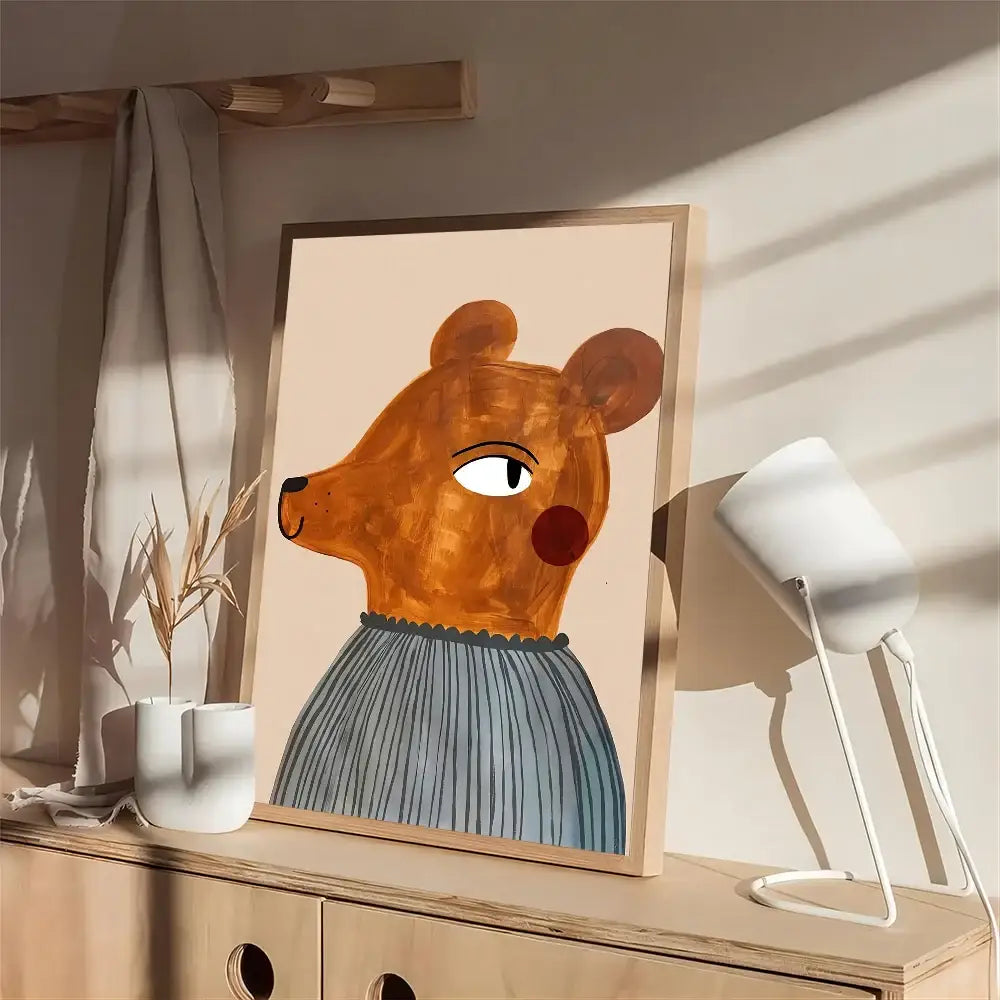 A framed illustration of a brown bear in a blue striped dress from decorbites™ animal print rainbow movie posters collection