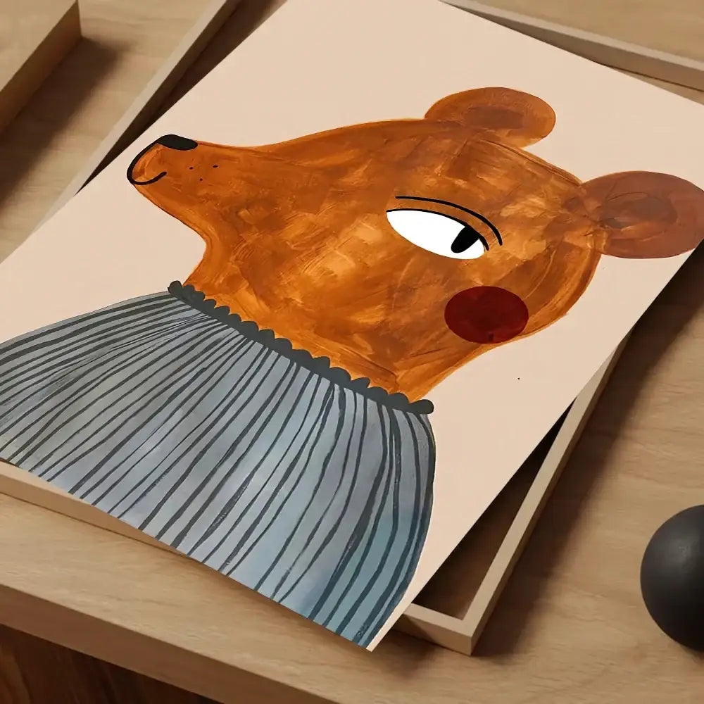 A charming decorbites™ animal print rainbow poster featuring a brown bear in a blue striped skirt watercolor print