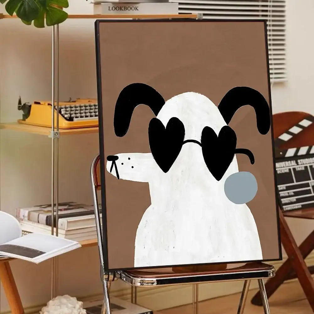 Minimalist canvas painting of white cartoon dog with black heart-shaped sunglasses and horns on brown background for decorbites™ animal print rainbow posters