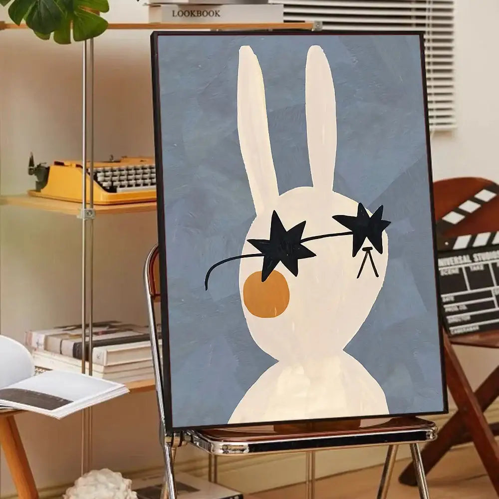 Decorbites™ animal print rainbow minimalist canvas print of white rabbit with sunglasses on textured blue background
