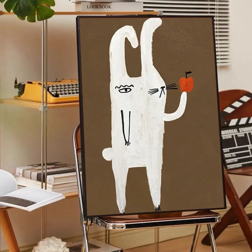 A minimalist white rabbit animal print rainbow painting with black lines and a red apple on dark canvas in black frame