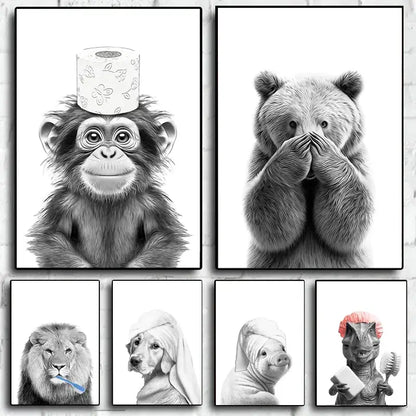 Set of six black-and-white animals bathroom poster framed prints featuring whimsical humorous wall art scenes