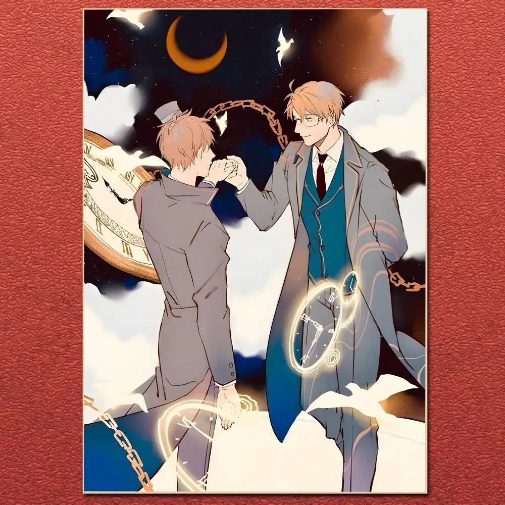 Anime cartoon hetalia poster canvas painting featuring two men in formal attire with cosmic clocks and chains background