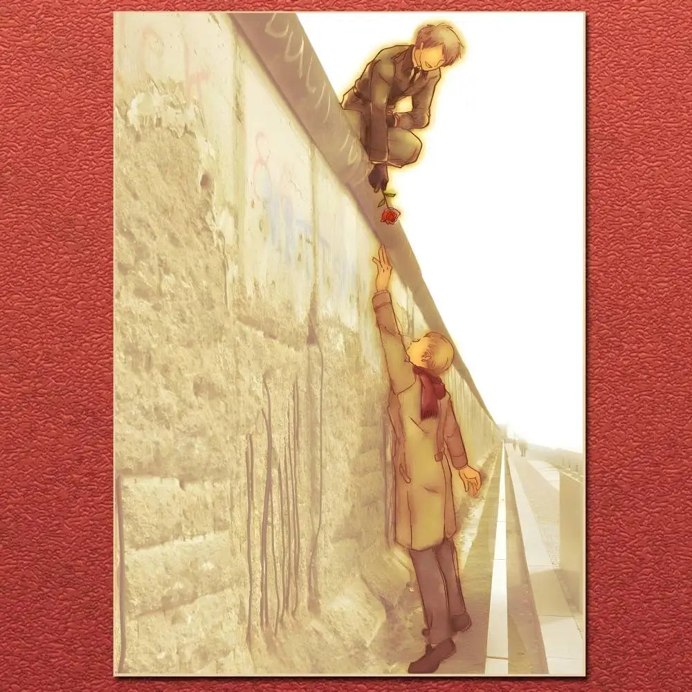 Soft warm-toned anime cartoon hetalia canvas poster showing two figures near stone wall with one offering a red rose