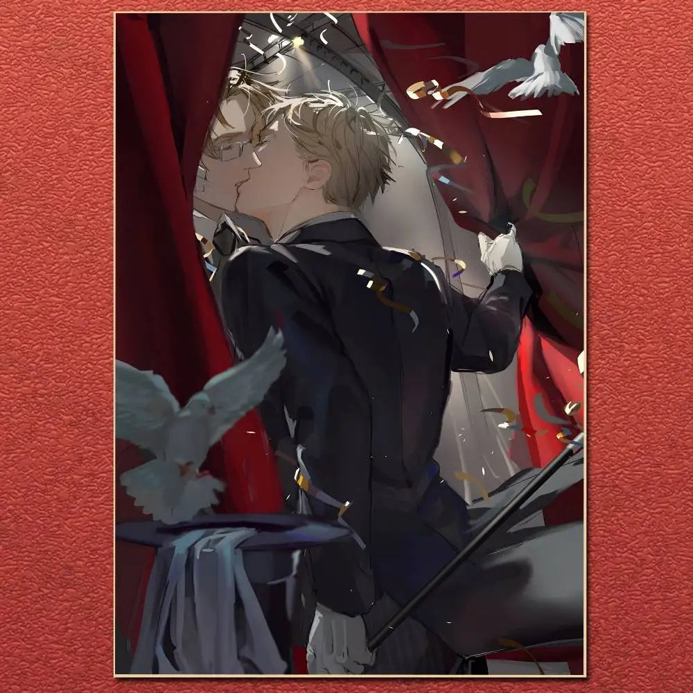 An anime cartoon hetalia canvas poster of two men in black formalwear kissing behind red curtains with white doves and gold confetti