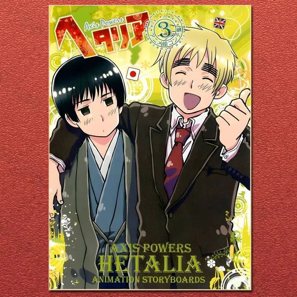 Anime cartoon hetalia axis powers poster canvas painting with formal characters on vibrant yellow and green background for decor