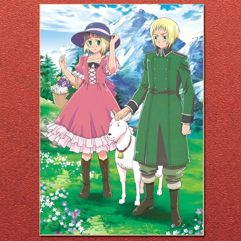 Vibrant anime cartoon hetalia axis powers poster canvas featuring a girl in pink dress and boy in green coat with goat