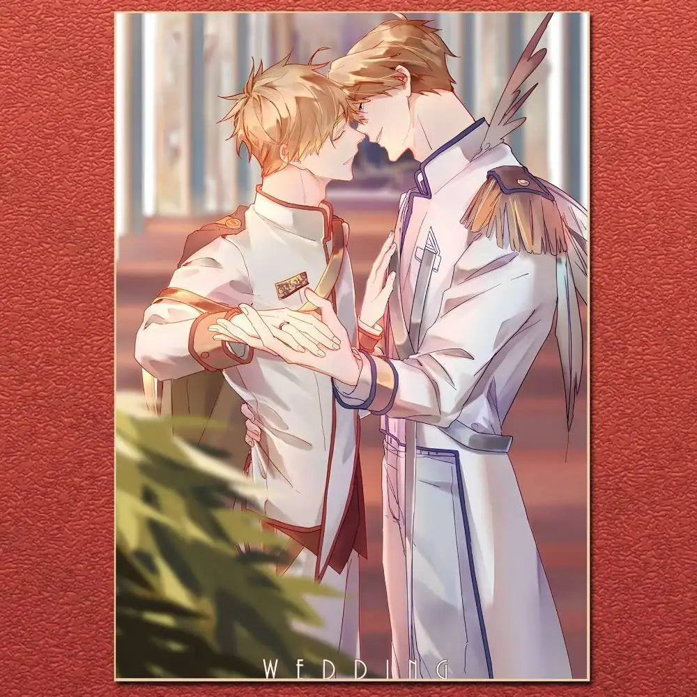 An illustrated anime cartoon hetalia wedding poster featuring two men in white and gold uniforms embracing tenderly