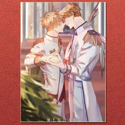 An illustrated anime cartoon hetalia wedding poster featuring two men in white and gold uniforms embracing tenderly