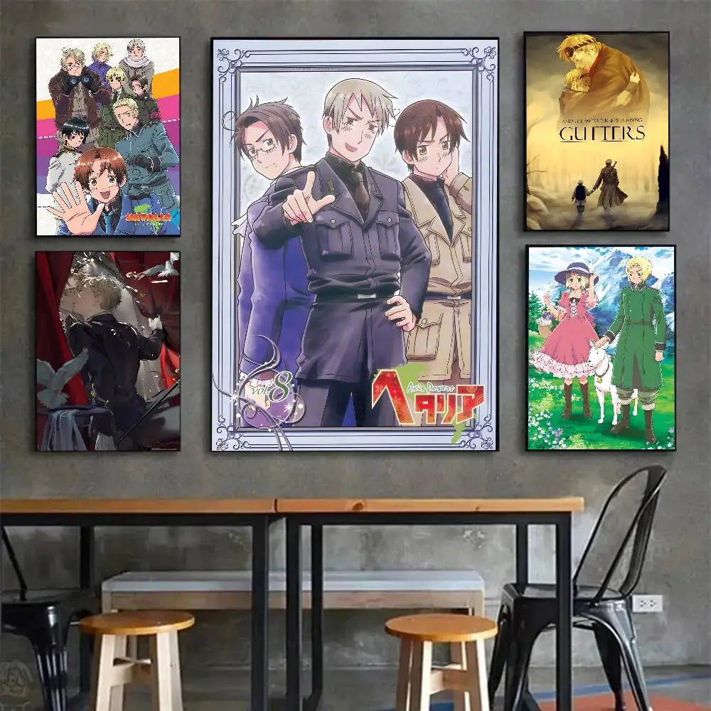 Central framed anime cartoon hetalia poster canvas featuring three male characters in military uniforms with stylized text