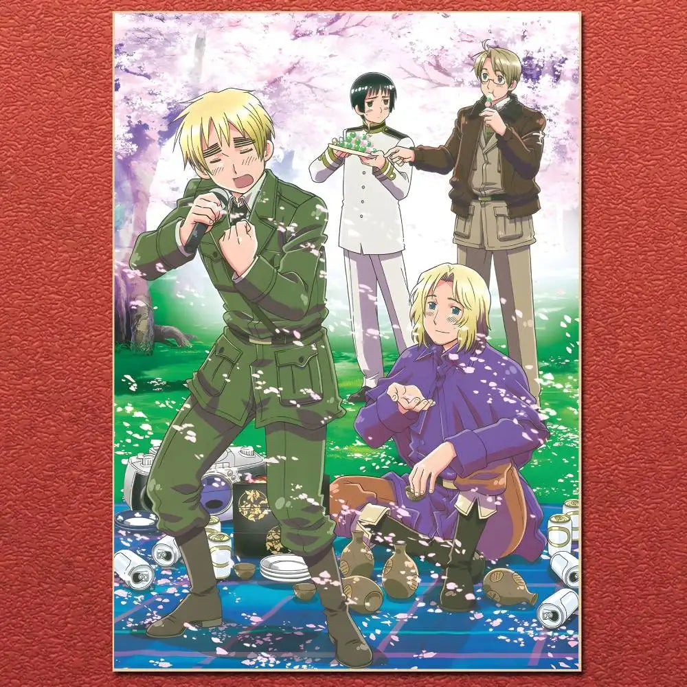 Anime cartoon hetalia poster canvas painting featuring four characters in cherry blossom setting for home decor gift