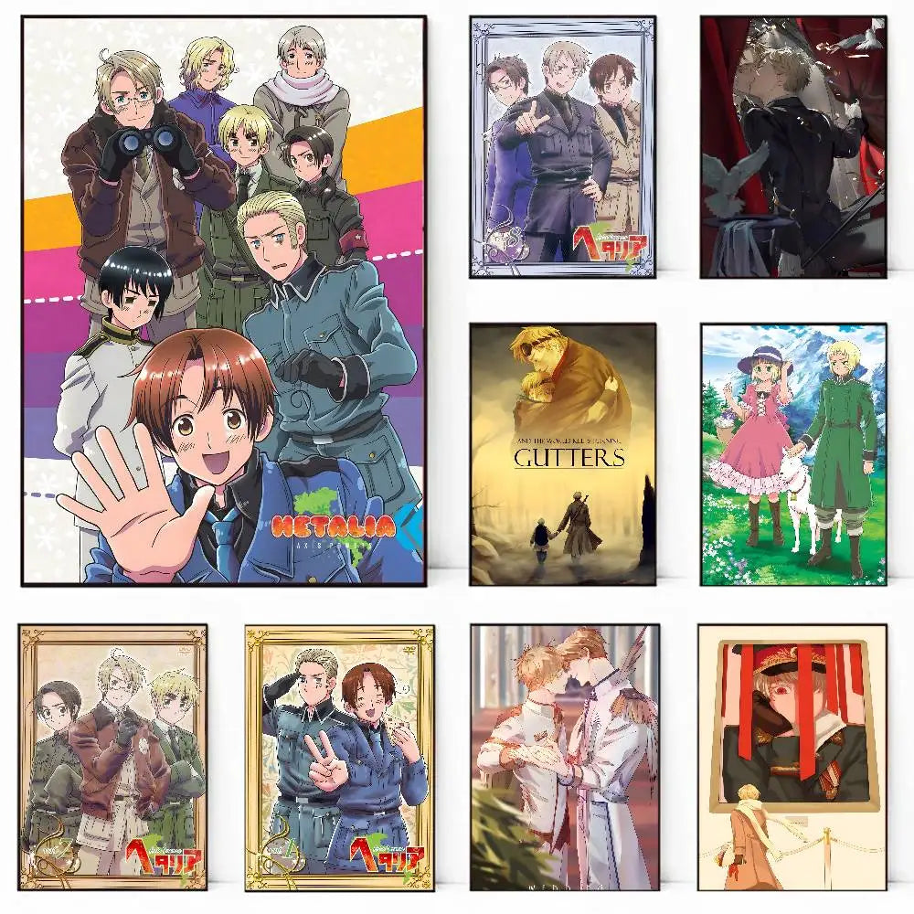 Set of nine anime cartoon hetalia axis powers framed posters featuring attack on titan and other series for room decor