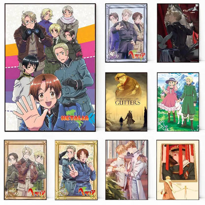 Set of nine anime cartoon hetalia axis powers framed posters featuring attack on titan and other series for room decor