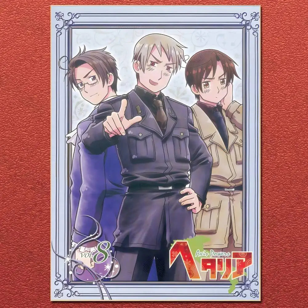 Anime cartoon hetalia poster canvas painting featuring three male characters in military outfits with ornate silver frame