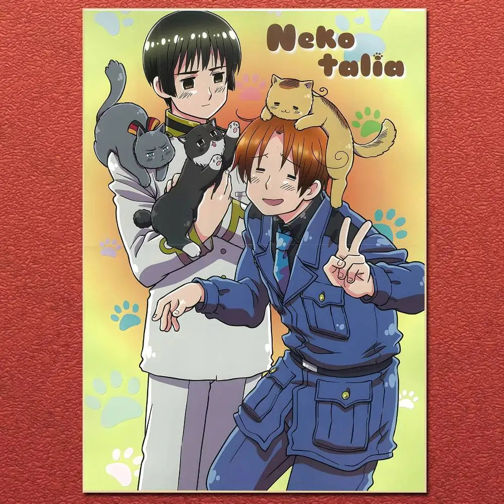 Anime cartoon hetalia postcard with two characters and cats labeled neko talia for home bedroom living room decor gift