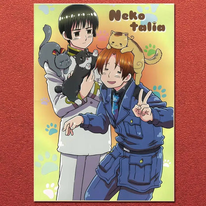 Anime cartoon hetalia postcard with two characters and cats labeled neko talia for home bedroom living room decor gift