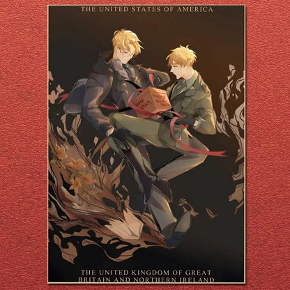 Illustrated anime cartoon hetalia poster canvas featuring two blonde characters with a red ribbon gift box happy new year