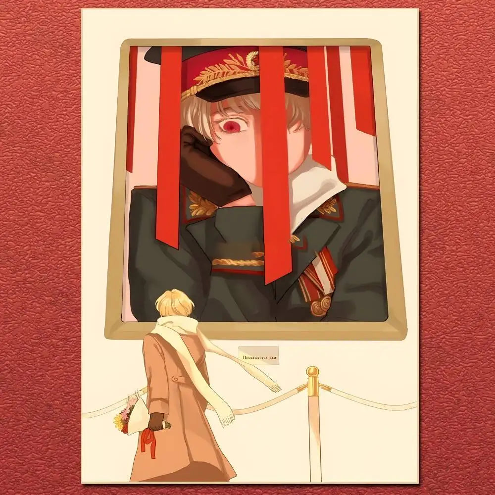 A framed anime cartoon hetalia canvas painting of a young man in red and gold military uniform for home decor