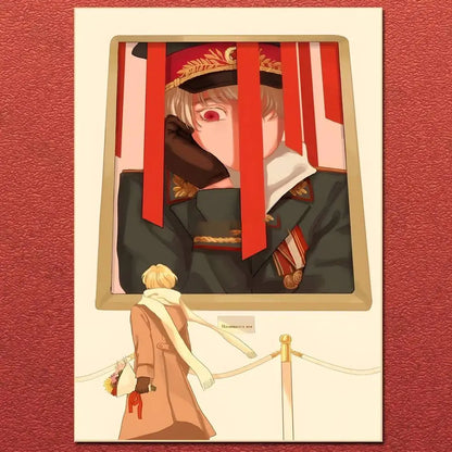 A framed anime cartoon hetalia canvas painting of a young man in red and gold military uniform for home decor