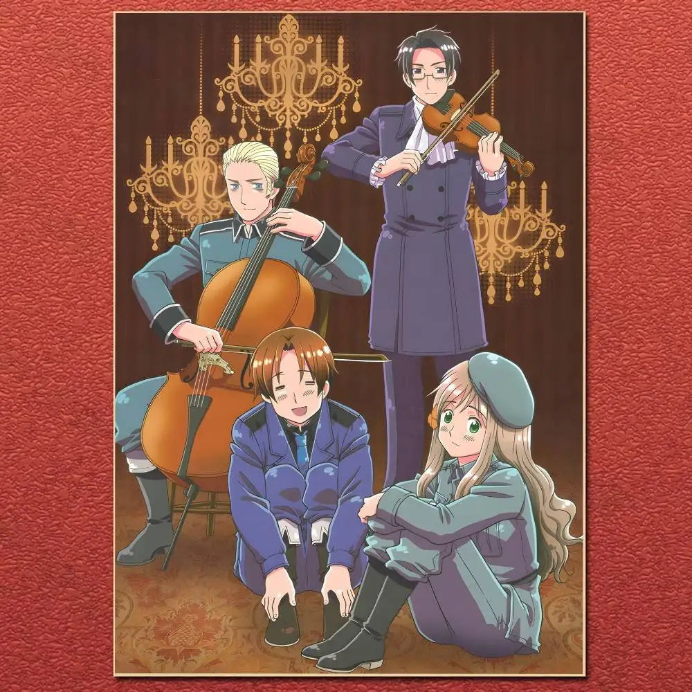 Anime cartoon hetalia axis powers poster canvas painting featuring four characters in formal attire playing string instruments