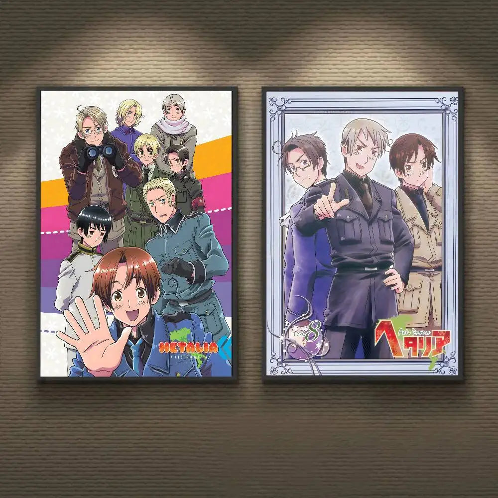 Two framed anime cartoon hetalia posters with vibrant character prints for home bedroom living room decoration gift