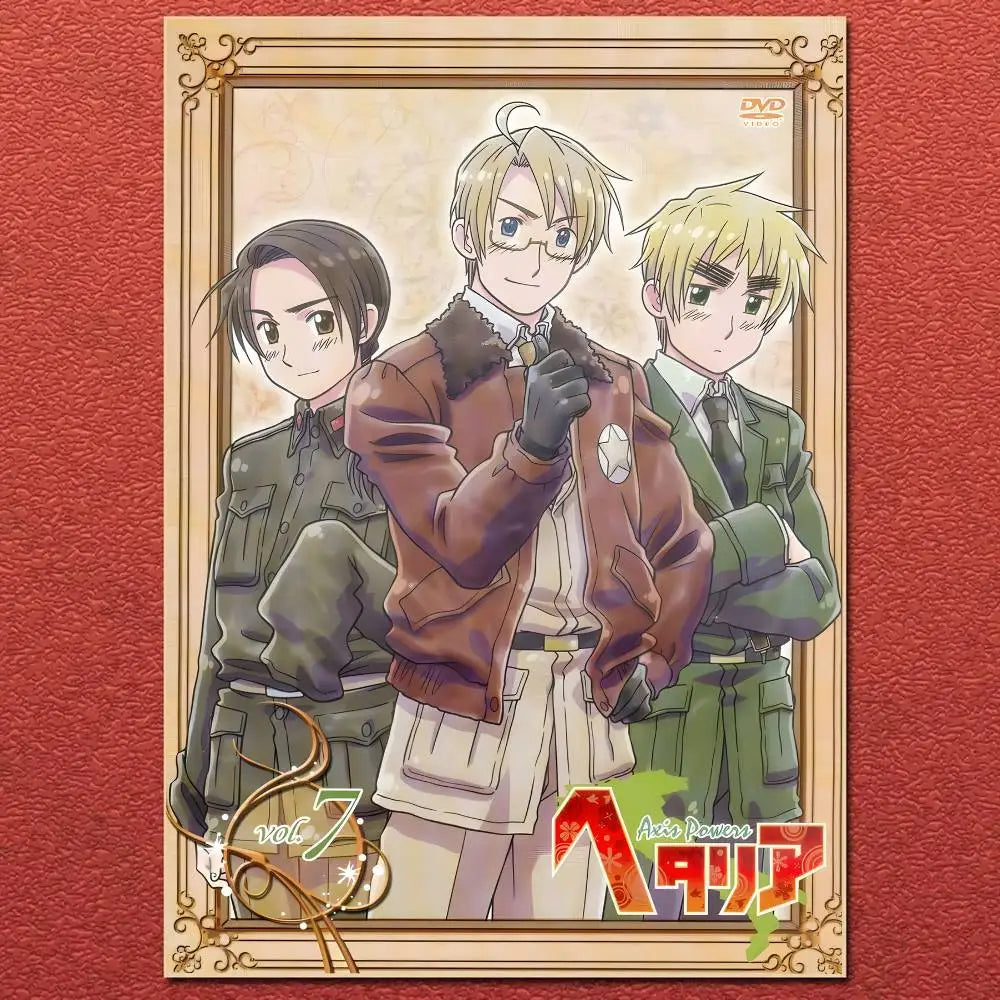 Dvd case for anime cartoon hetalia axis featuring three male characters in military jackets with gold borders and japanese text